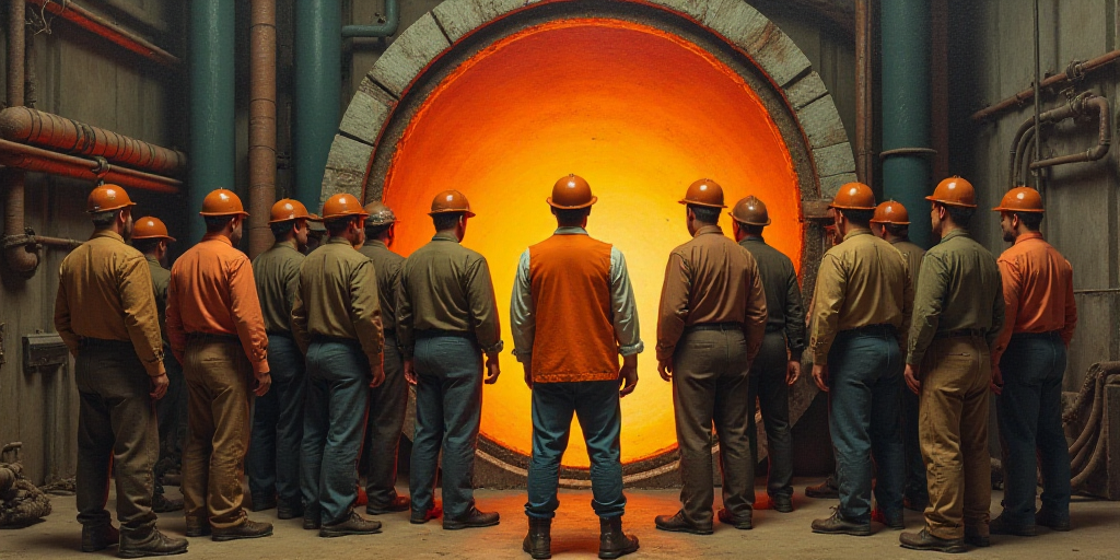 a group of men standing in front of a metal furnace with a man in orange vest and hardhat, David Alf