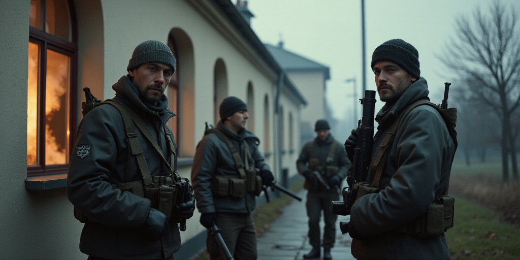 a group of men standing next to a building with guns in their hands and smoke coming out of the wind