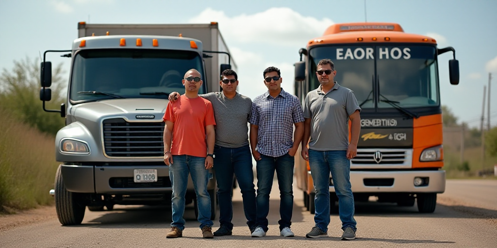 a group of men standing next to each other near a truck and a bus with a flag on it, Estuardo Maldon