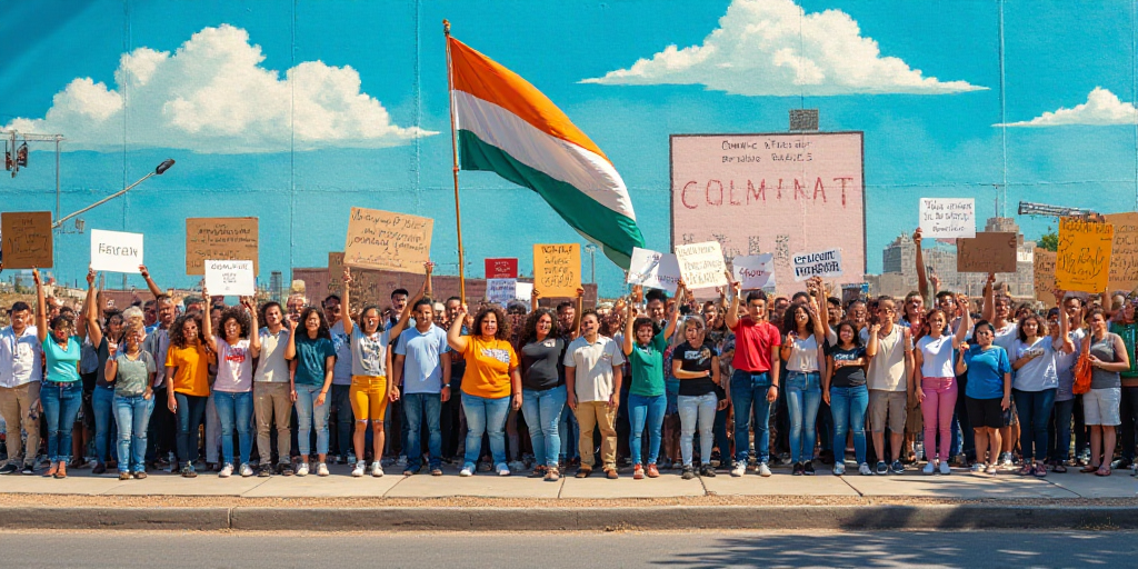 a group of people holding signs and flags in front of a building with a sky background and a blue sk