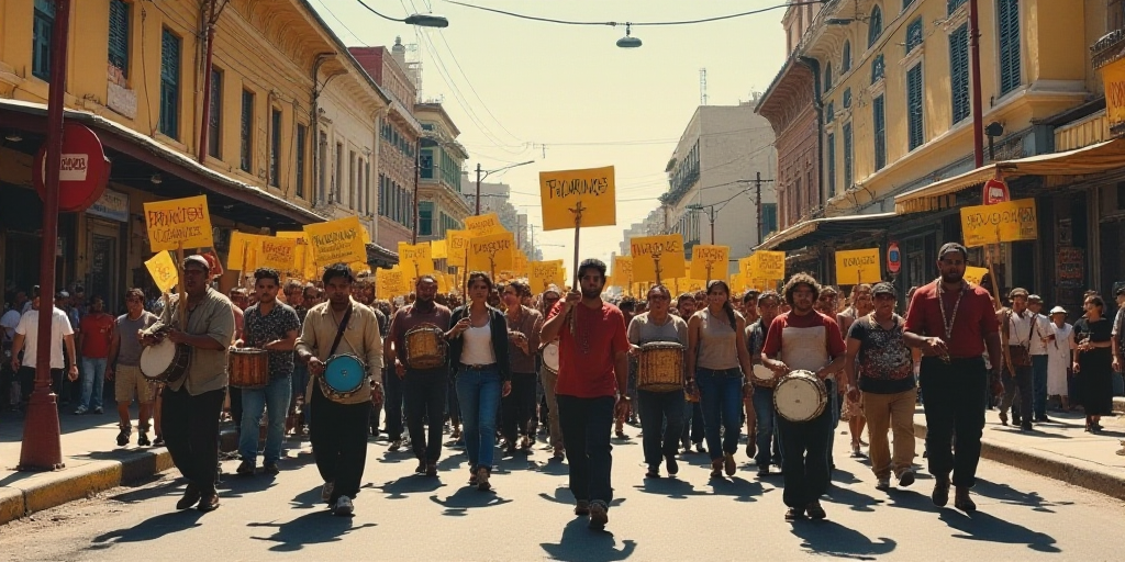 a group of people holding signs and drums on a street with buildings in the background and people wa