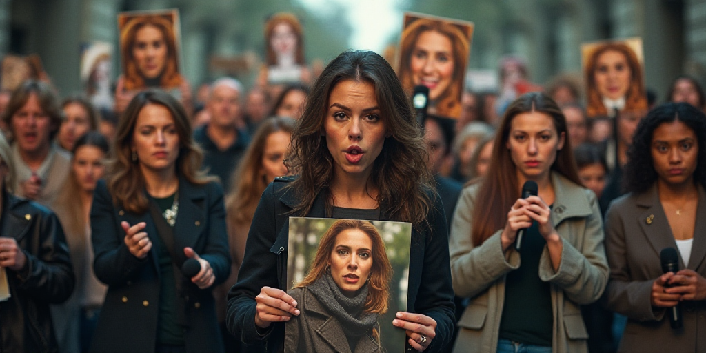 a group of people holding up pictures of themselves holding signs and holding microphones in front o