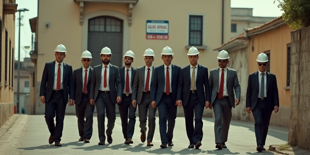 a group of people in hard hats and ties walking down a street together in front of a building with a