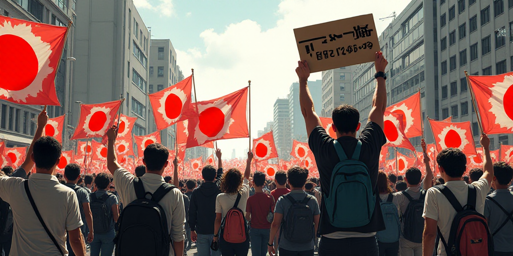 a group of people marching down a street holding signs and flags in the air with a man holding a sig