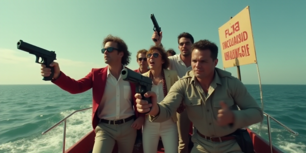 a group of people on a boat with guns in their hands and a sign that says unclasssed, Felix-Kelly, c