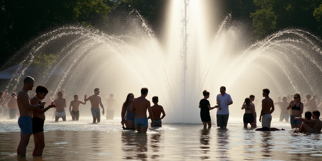 a group of people playing in a fountain with water jets in the air and people standing around it and