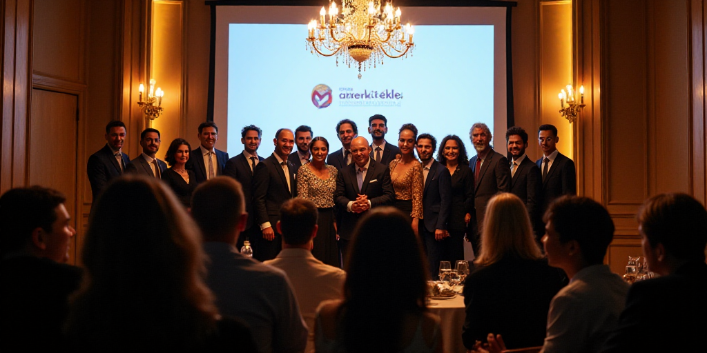 a group of people posing for a picture in front of a screen with a logo on it and a chandelier, Afew