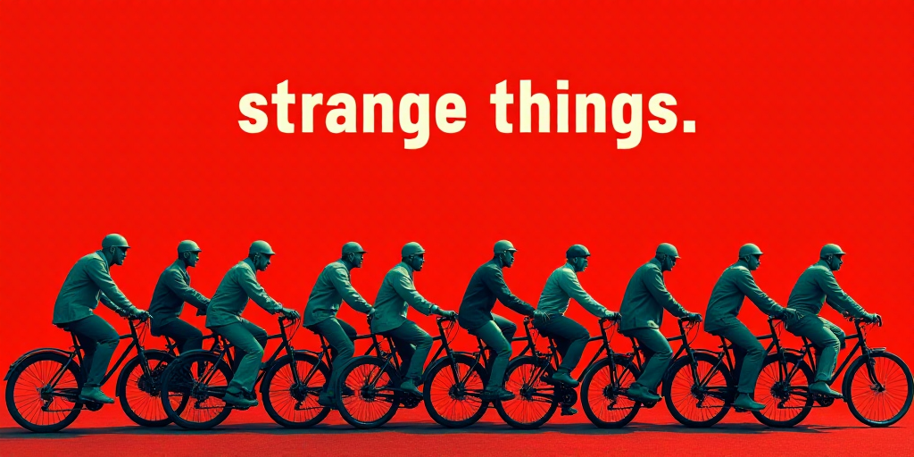 a group of people riding bikes in front of a red background with the words,'strange things ', Edward