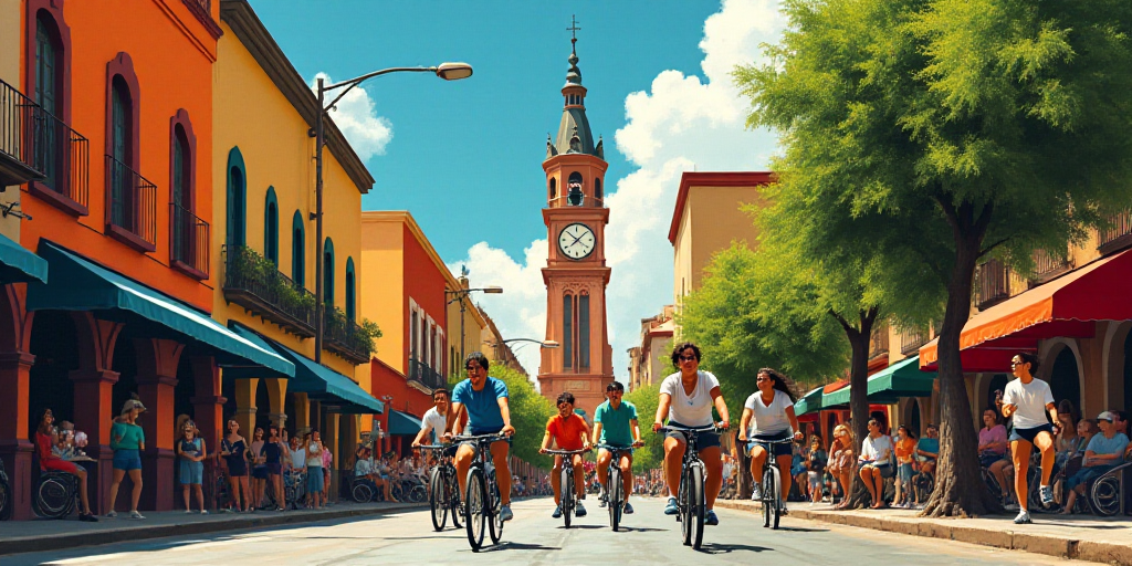 a group of people riding bikes down a street next to tall buildings and a clock tower in the backgro