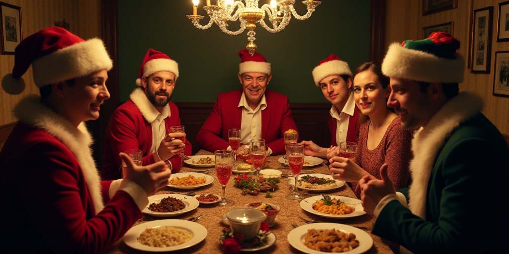 a group of people sitting around a table with food and drinks in front of them, all dressed up for c