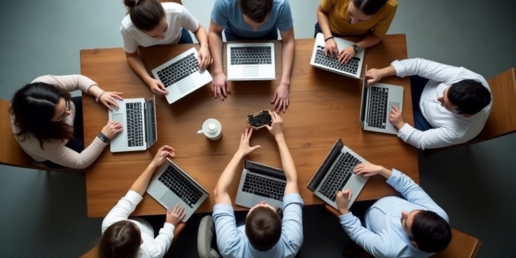 a group of people sitting around a wooden table with laptops on it and hands in the air above them,