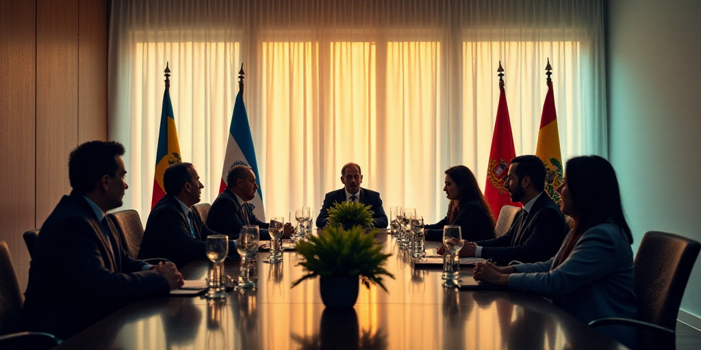 a group of people sitting around a conference table with flags on the wall behind them and a plant i