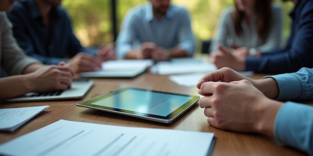 a group of people sitting around a table with a tablet computer on it's screen and various papers an