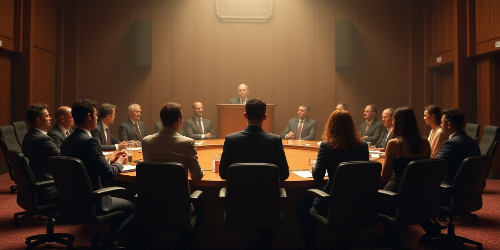 a group of people sitting around a table in a room with chairs and a podium in front of them, Afewer