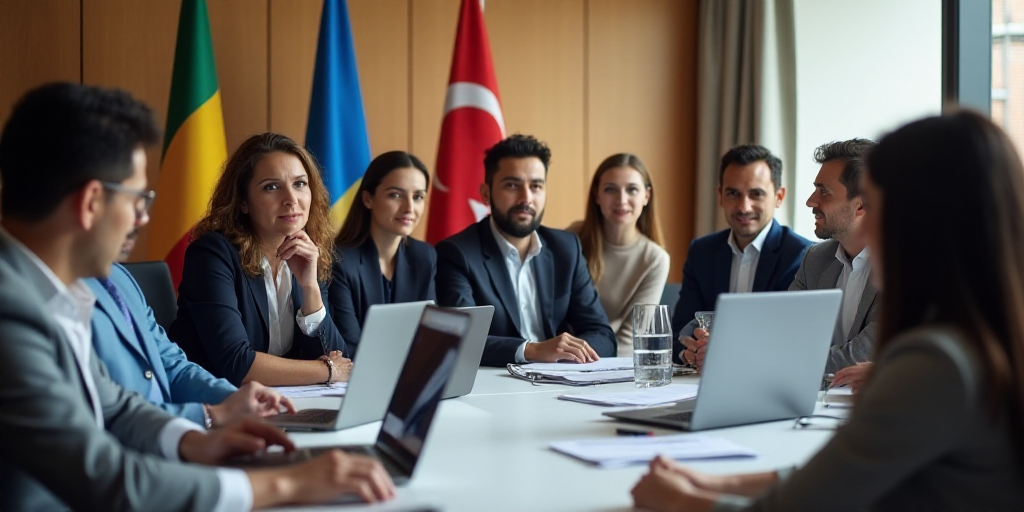 a group of people sitting around a table with laptops and papers in front of them and flags in the b