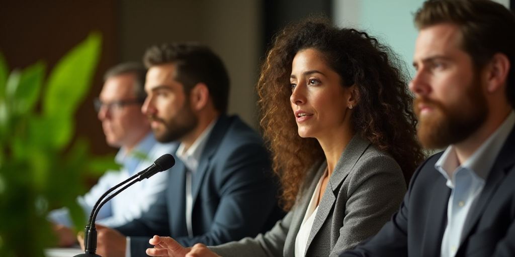 a group of people sitting at a table with microphones in front of them and a plant in the foreground