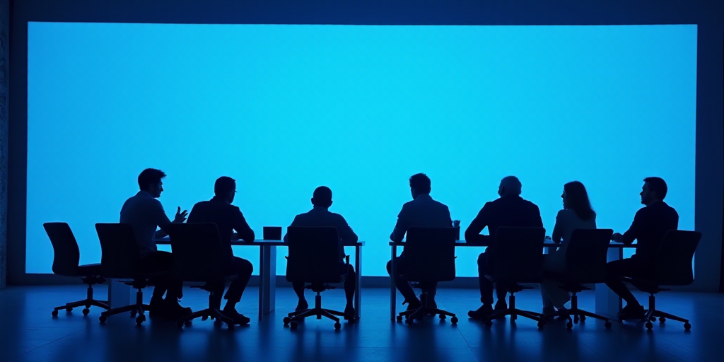 a group of people sitting at a table in front of a blue screen with a blue screen behind them, Eduar
