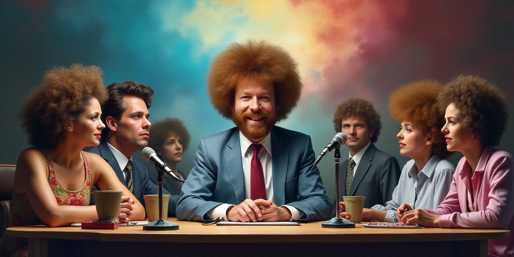 a group of people sitting at a table with microphones in front of them and a man in a suit and tie,