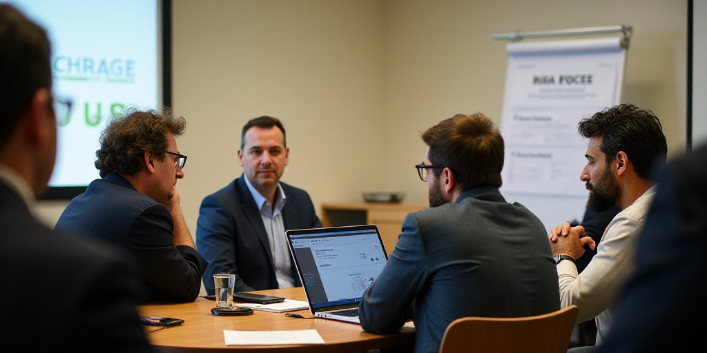 a group of people sitting at a table with a laptop computer in front of them and a sign behind them,
