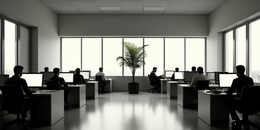 a group of people sitting at desks in a room with windows and a plant in the middle of the room, Eng