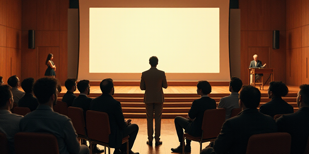a group of people sitting in chairs in front of a stage with a man speaking to them and a woman stan