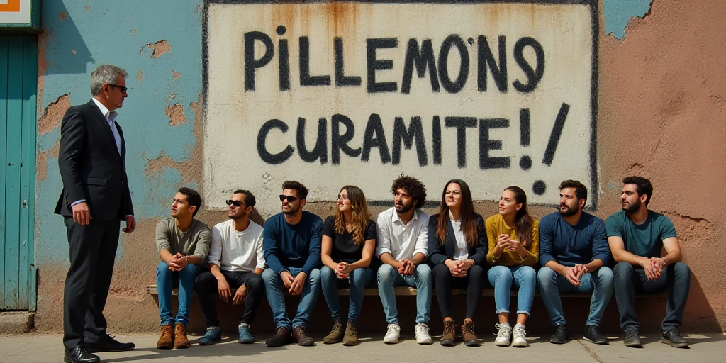 a group of people sitting in front of a sign with a man standing in front of them and a woman standi