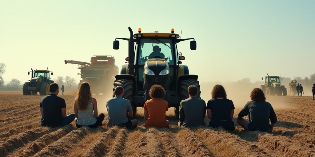 a group of people sitting in front of a tractor and machinery on a dirt field with people standing a
