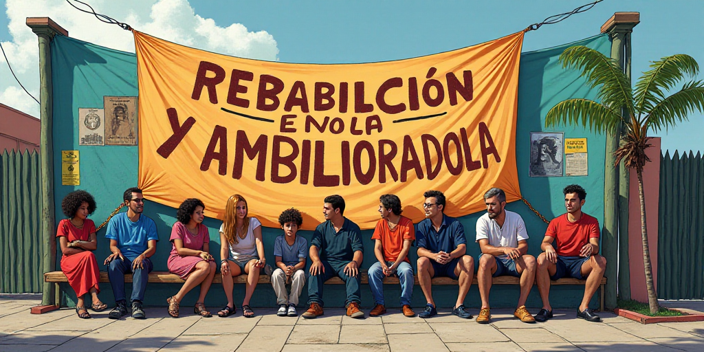a group of people sitting in front of a sign with a banner on it that says rebabilcion y ambilion de