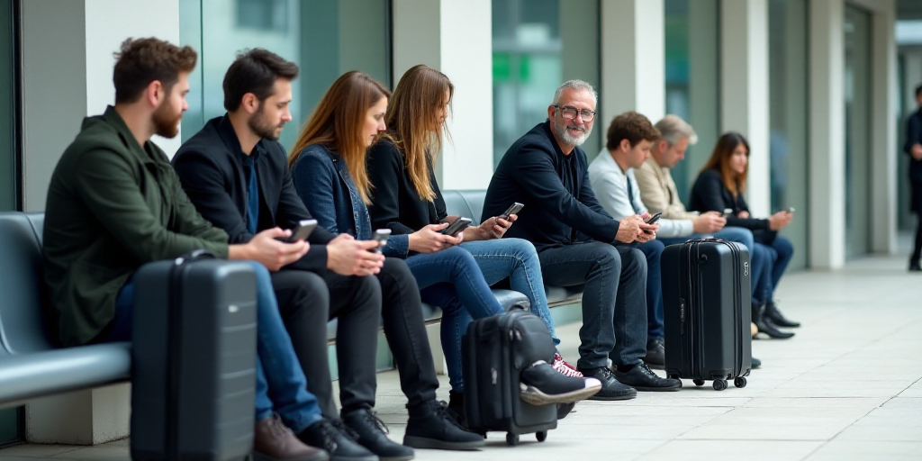 a group of people sitting on a bench with luggage and cell phones in their hands and a man sitting o