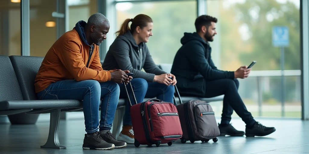 a group of people sitting on a bench with luggage and a cell phone in their hands and a man sitting