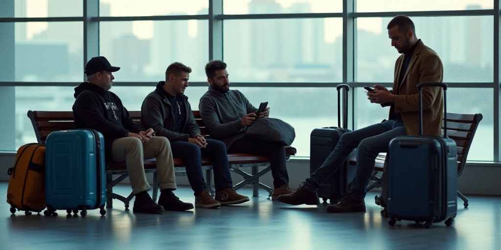 a group of people sitting on a bench with luggage and cell phones in their hands and a man sitting o