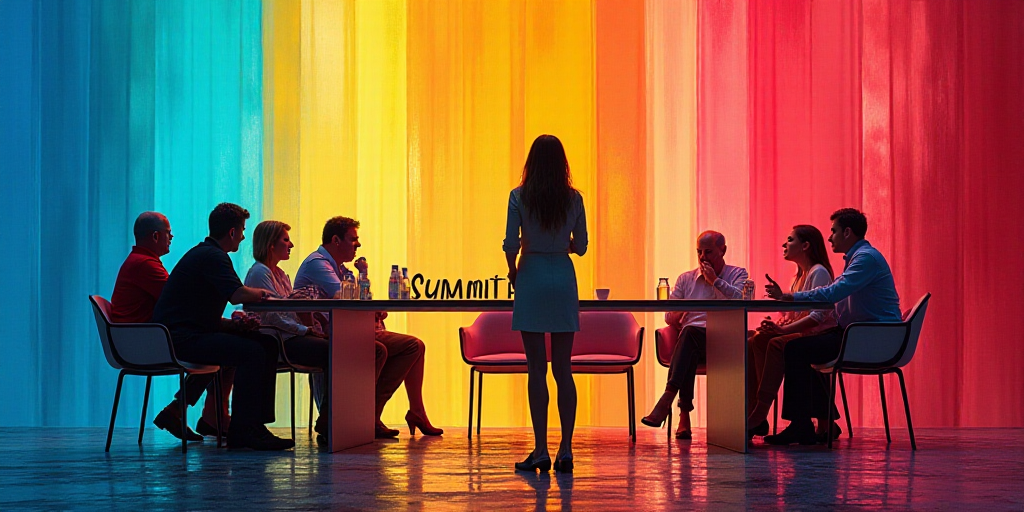 a group of people standing around a table with a sign on it that says summit summit on it and a woma