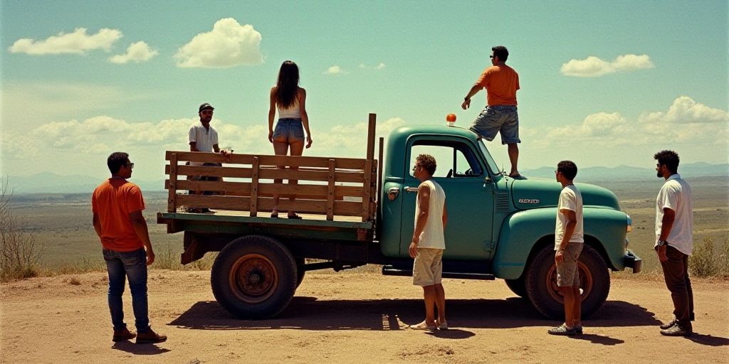 a group of people standing around a truck with a woman on the back of it and a man standing on the b
