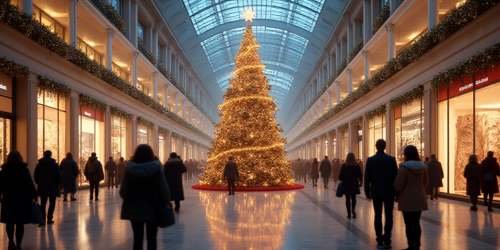 a group of people standing around a mall with a christmas tree in the background and a christmas tre