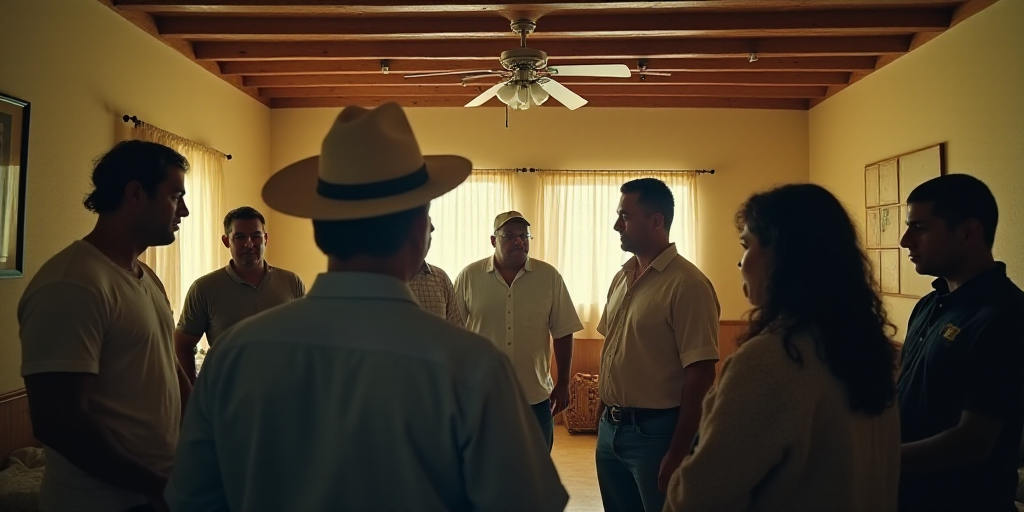 a group of people standing around each other in a room with a ceiling fan and a man in a white hat,