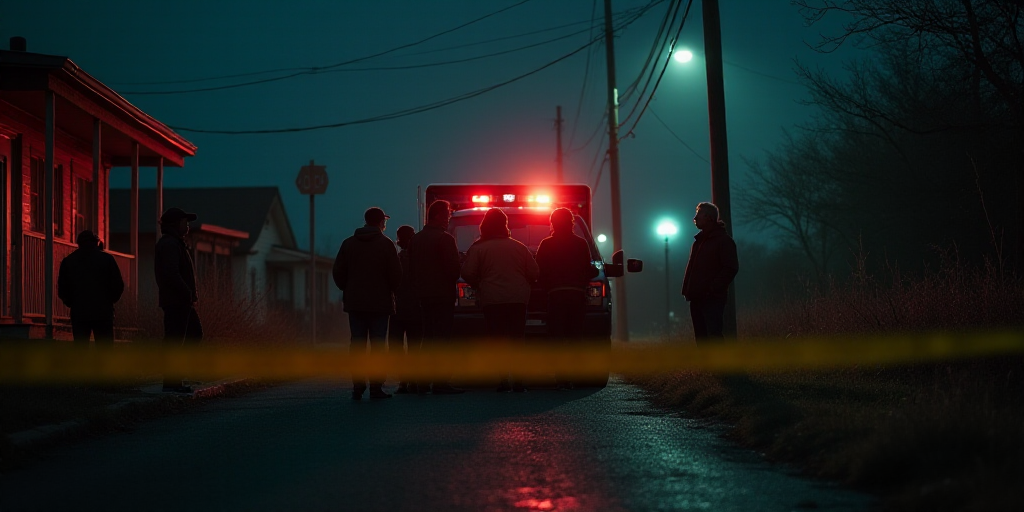 a group of people standing around a police truck at night time with police tape on the ground and po