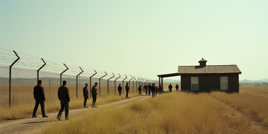 a group of people standing around a field next to a fence and a building with barbed wire on it, Edw