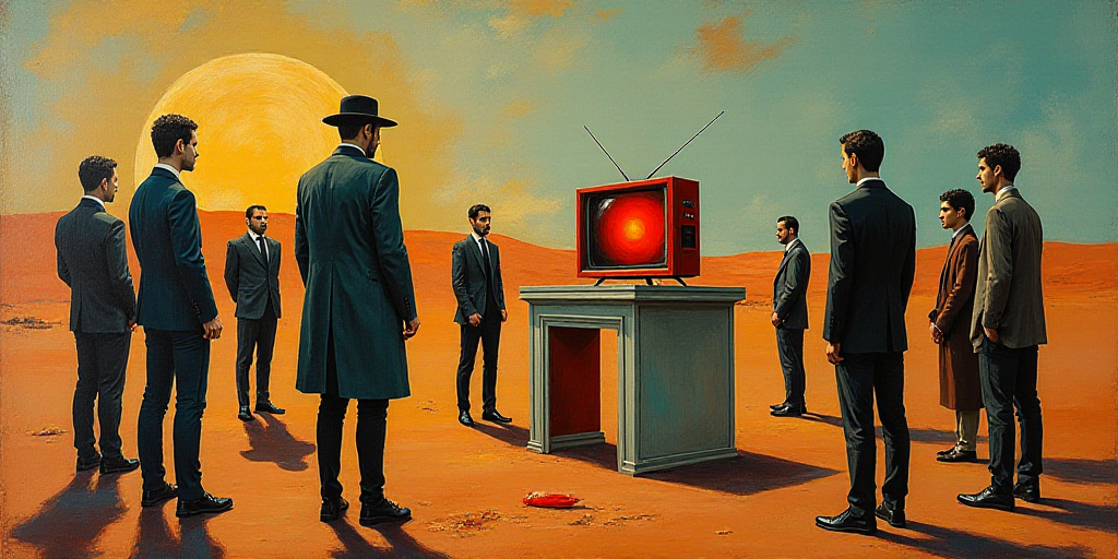 a group of people standing around a table with a tv on it's standup stand up stand, David Alfaro Siq