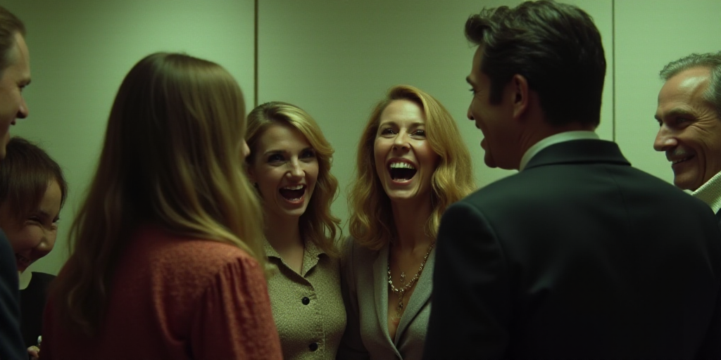a group of people standing around each other talking to each other and laughing together in a room w
