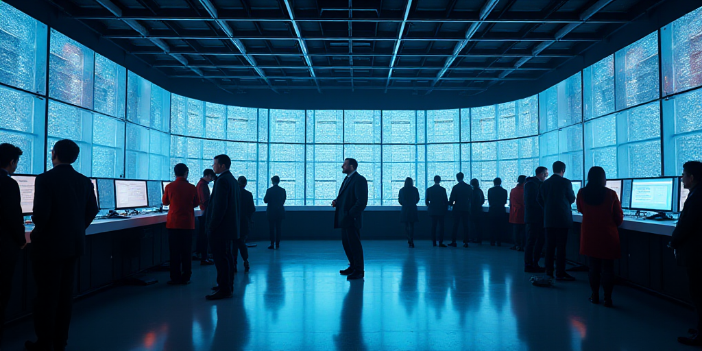 a group of people standing around a counter with lots of monitors on it's walls and a man walking by