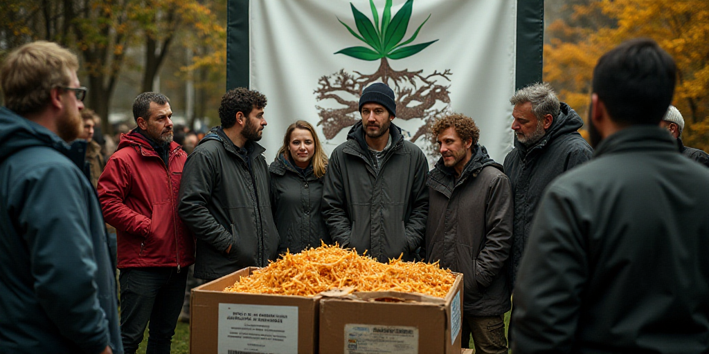 a group of people standing around a box of food in front of a banner with a plant on it, Ceferí Oli