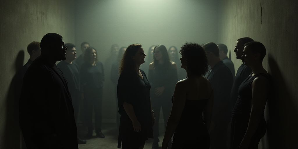 a group of people standing around each other talking to each other and laughing together in a room w