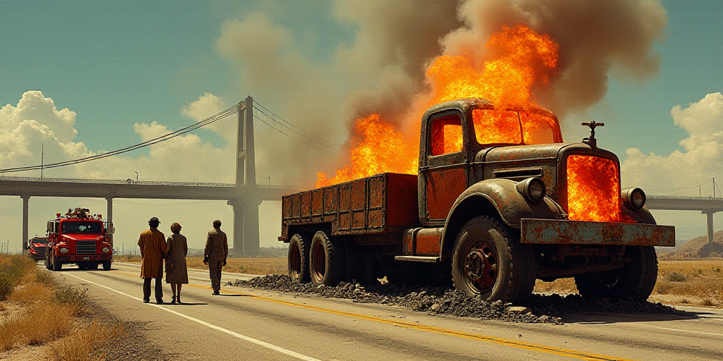 a group of people standing around a burnt out truck on a road with a bridge in the background and a