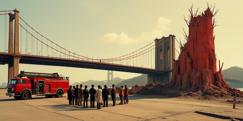 a group of people standing around a fire truck in a parking lot next to a bridge and a fire truck, D