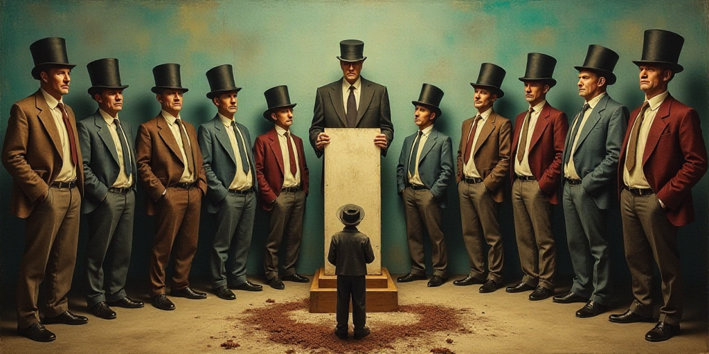 a group of people standing around a podium with hats on them and a man holding a sign in front of th