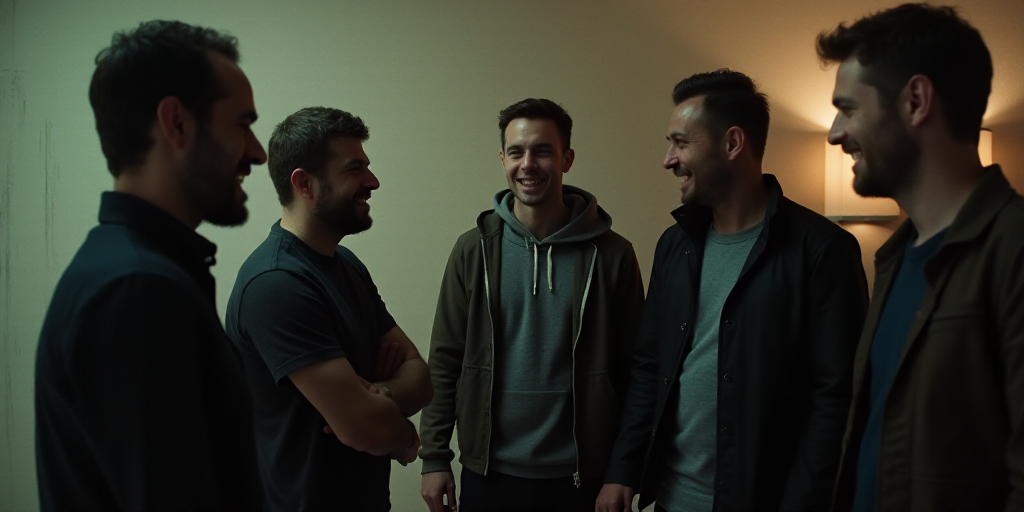 a group of people standing around each other talking to each other and laughing together in a room w