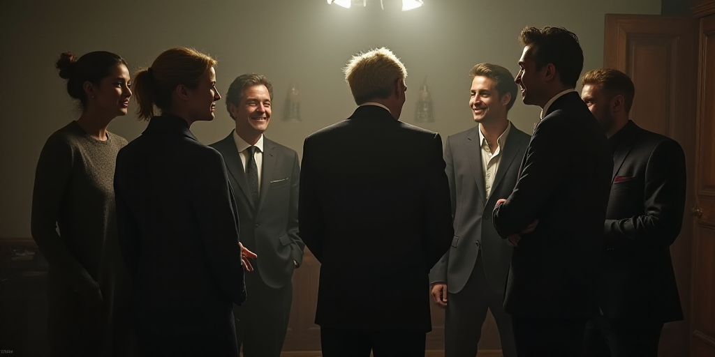 a group of people standing around each other talking and laughing together in a room with a man in a