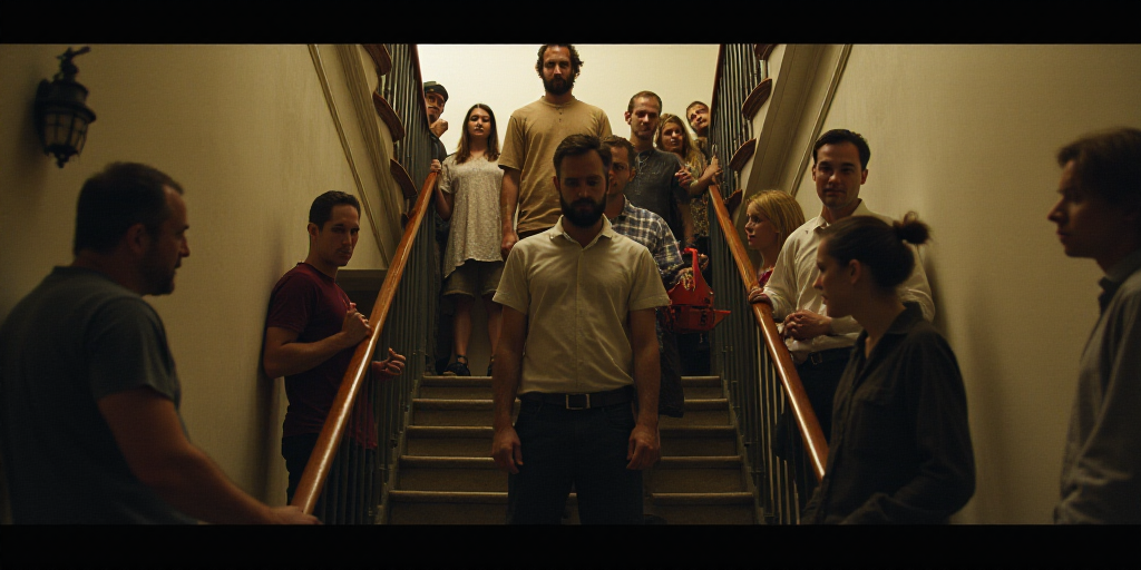 a group of people standing around a man holding a chainsaw in a stairwell of a building with a man i