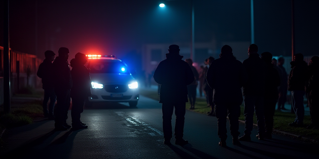 a group of people standing around a truck at night time with a police car in the background and a po