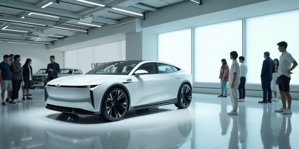 a group of people standing around a white car on display at a showroom with other cars on display, C